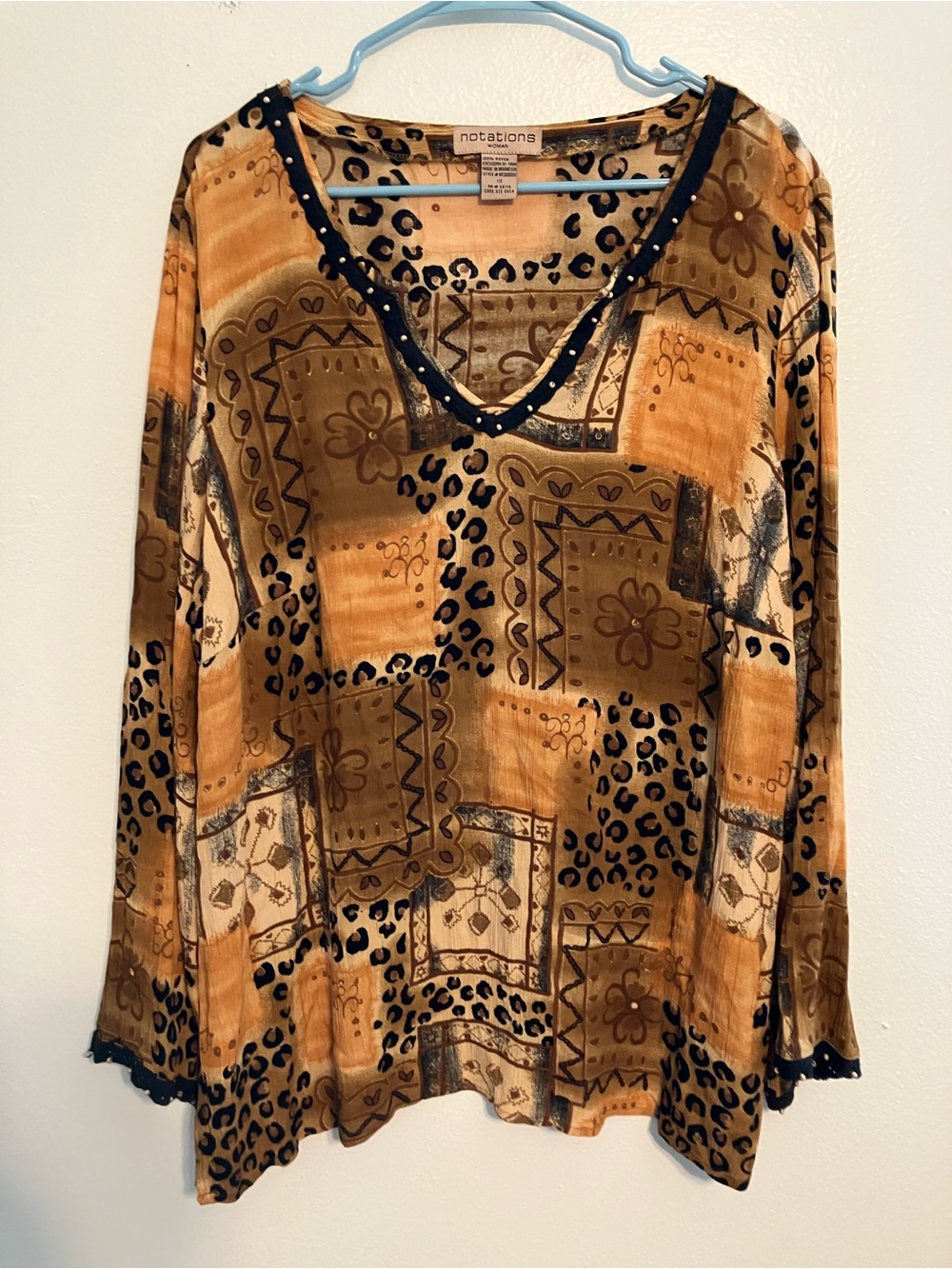 Notations Mustard Patchwork V-Neck Long Sleeve Top with Black Trim